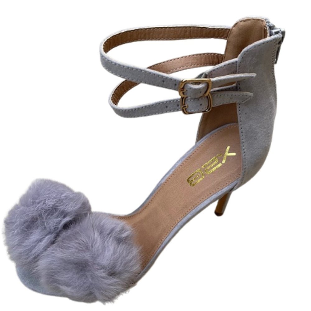 X2B Catrina-4 Women's Pom Pom Open Toe Dual Ankle Strap Heel Pumps GREY